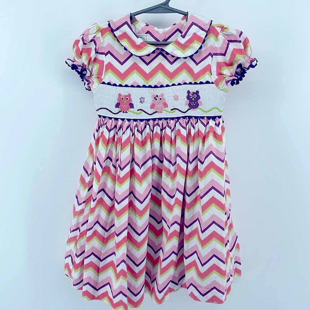 Marnellata chevron print smocked owl embroidered short sleeve Rick rack dress 5